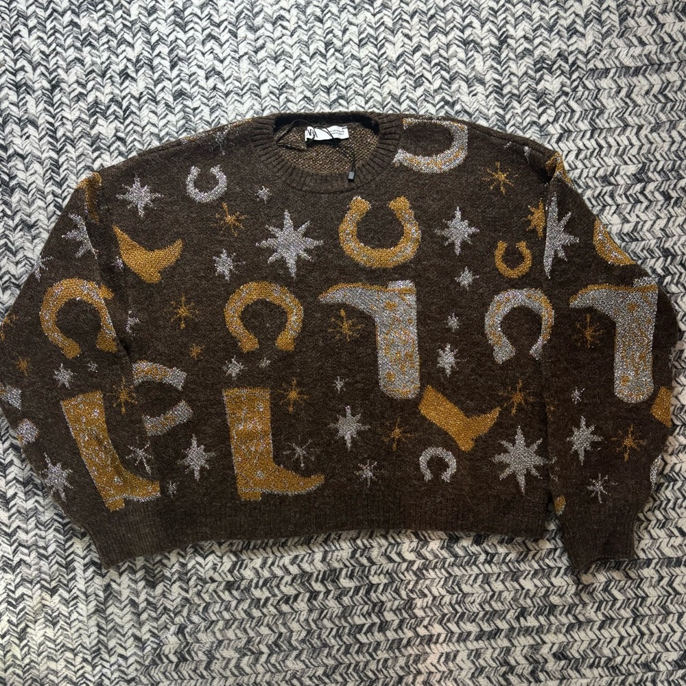 New Zara Brown Western/Cowboy Knit Sweater with Metallic Gold-Silver Stitching M